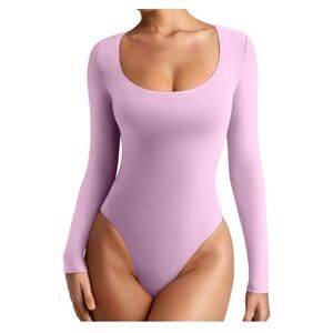 Women's Sexy Basic Scoop Neck Long Sleeve Double Lined Layering Slim Bodysuit